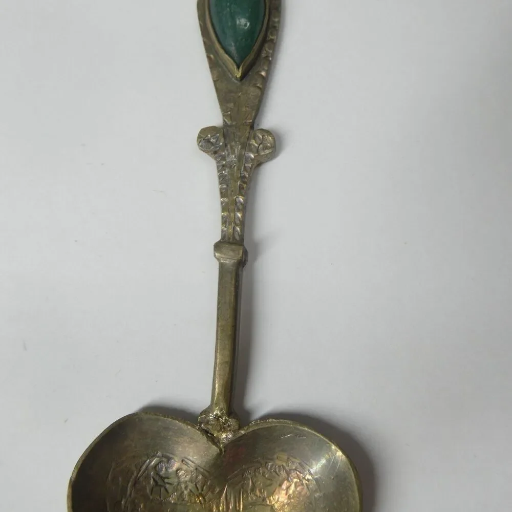 Heart Shaped  Demitasse Coffee Spoon Engraved w/Green Stone Jade? Vintage